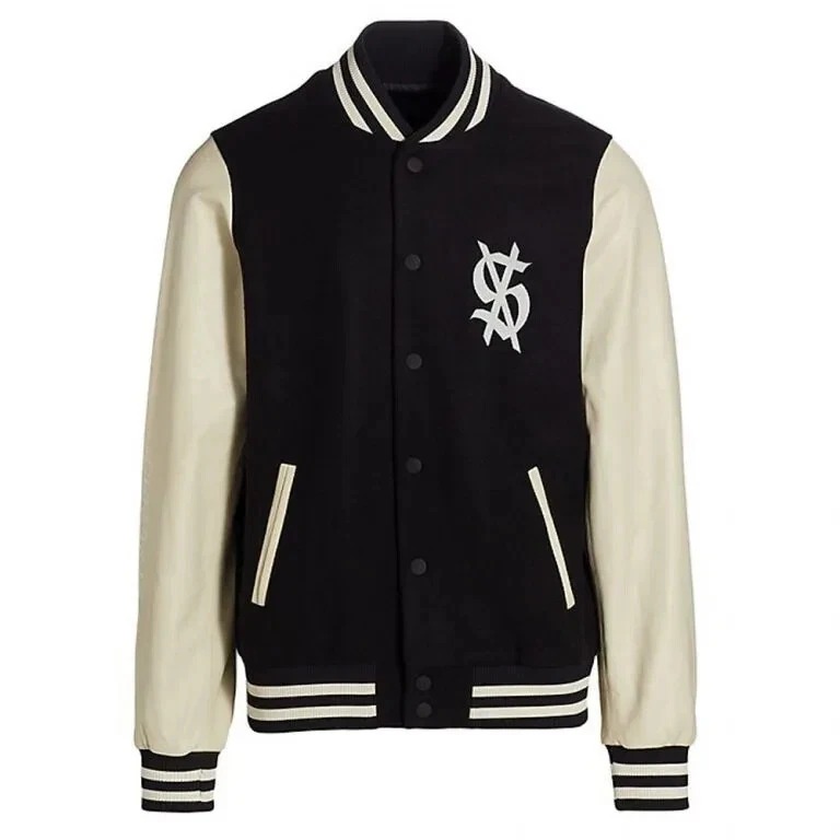 King Ksubi Black Wool and Genuine Leather Bomber Varsity Letterman Men's Jacket