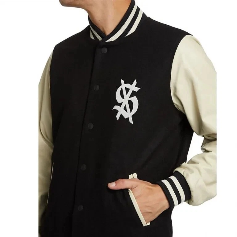King Ksubi Black Wool and Genuine Leather Bomber Varsity Letterman Men's Jacket - Image 3