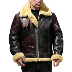 LEATHER JACKET MENS Winter B3 Bomber Shearling Windproof Outdoor Casual Coat Fur Leather Jacket