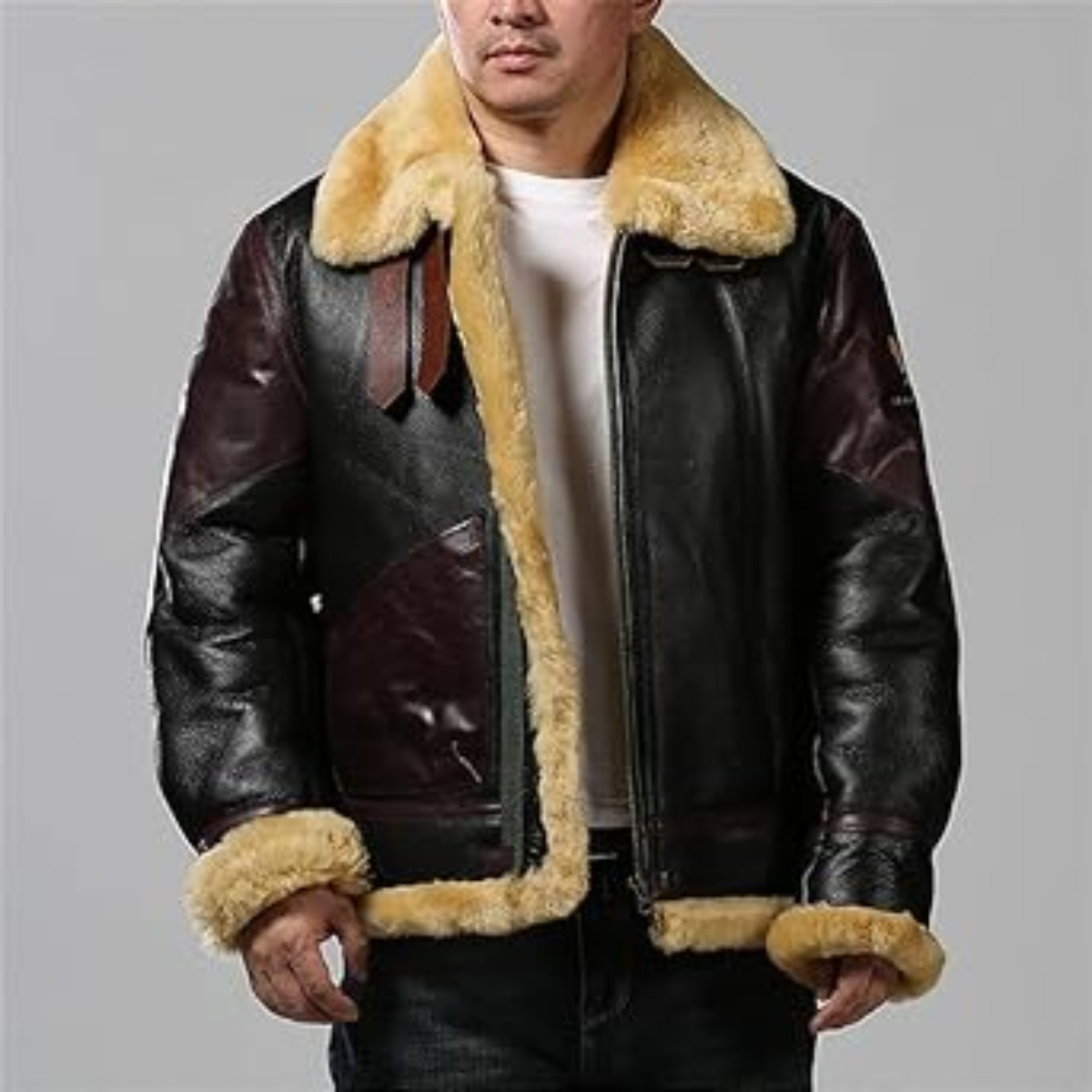 LEATHER JACKET MENS Winter B3 Bomber Shearling Windproof Outdoor Casual Coat Fur Leather Jacket - Image 5