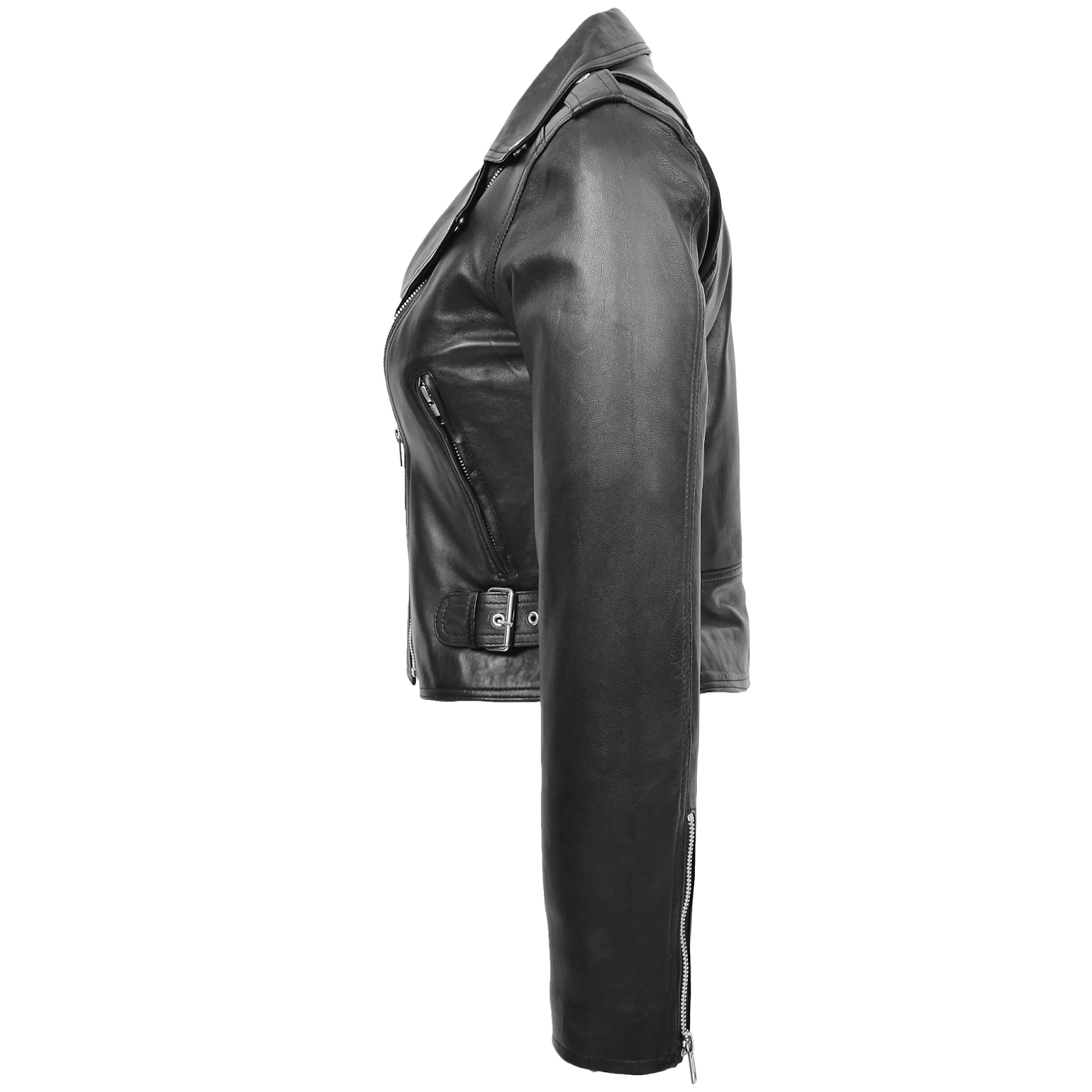 Ladies Real Leather Brando Biker Style Fitted Jacket Short Length Black - Image 4