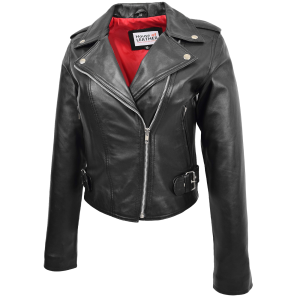 Ladies Real Leather Brando Biker Style Fitted Jacket Short Length Black