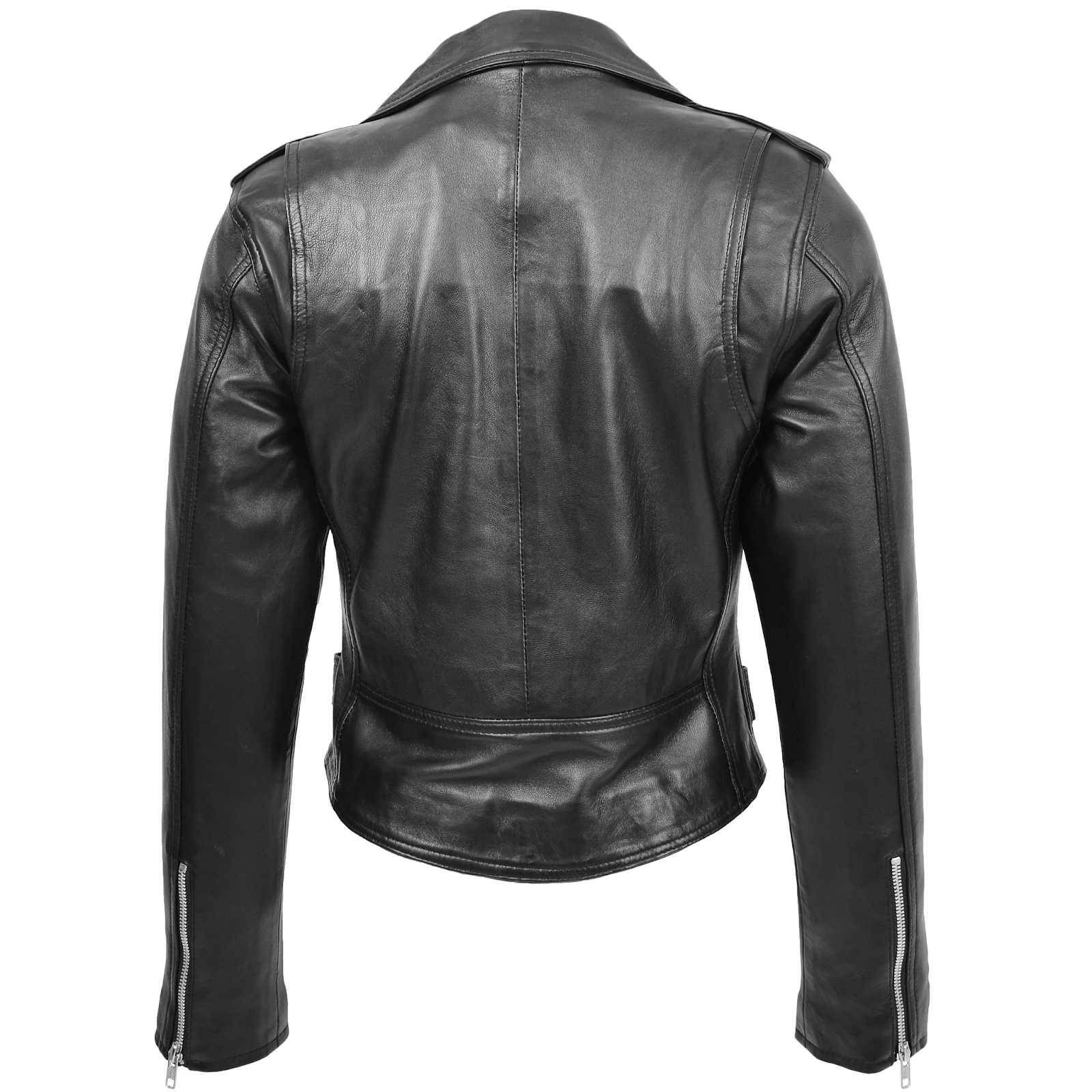 Ladies Real Leather Brando Biker Style Fitted Jacket Short Length Black - Image 3