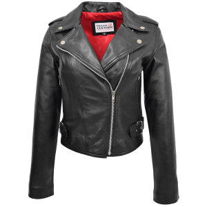 Ladies Real Leather Brando Biker Style Fitted Jacket Short Length Black