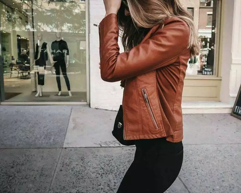 Ladies Tan Genuine Leather Jacket - Image 3
