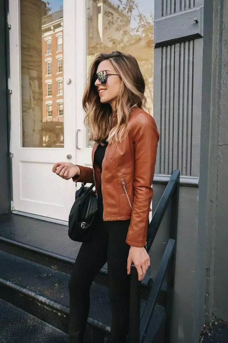 Ladies Tan Genuine Leather Jacket - Image 4
