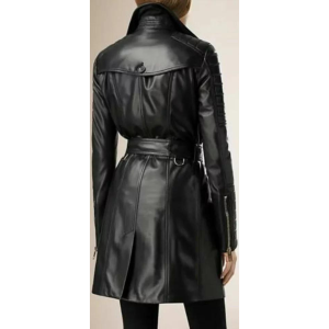 Ladies Women Black Genuine Real Leather Trench Coat