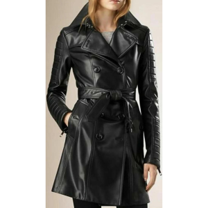 Ladies Women Black Genuine Real Leather Trench Coat