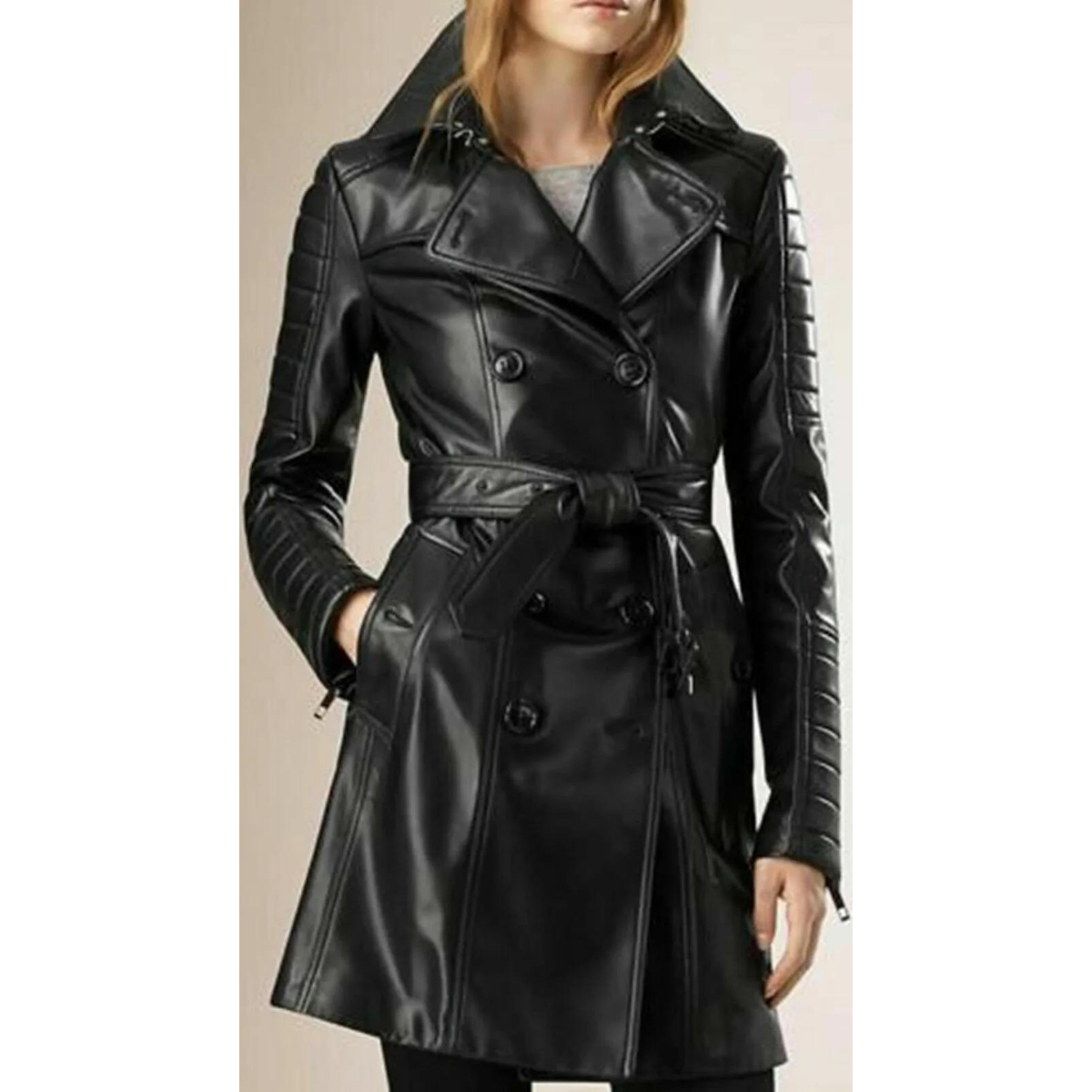 Ladies Women Black Genuine Real Leather Trench Coat