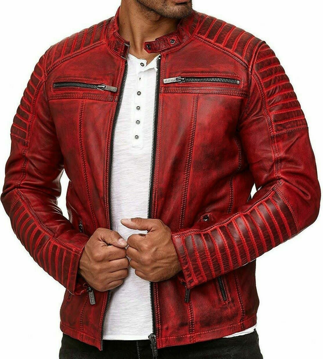 Mens Real Leather Jacket Cafe Racer Red Genuine Slim Fit Motorcycle Biker New Style Jacket - Image 3
