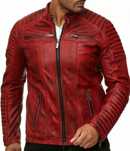 Mens Real Leather Jacket Cafe Racer Red Genuine Slim Fit Motorcycle Biker New Style Jacket - Image 2