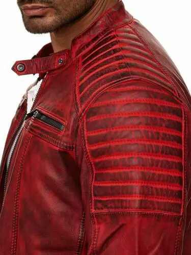Mens Real Leather Jacket Cafe Racer Red Genuine Slim Fit Motorcycle Biker New Style Jacket - Image 4