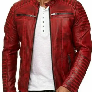 Mens Real Leather Jacket Cafe Racer Red Genuine Slim Fit Motorcycle Biker New Style Jacket