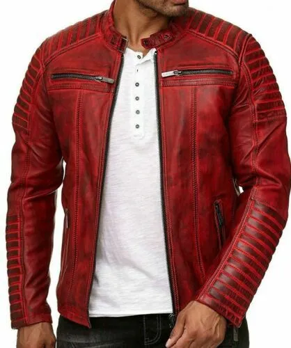 Mens Real Leather Jacket Cafe Racer Red Genuine Slim Fit Motorcycle Biker New Style Jacket