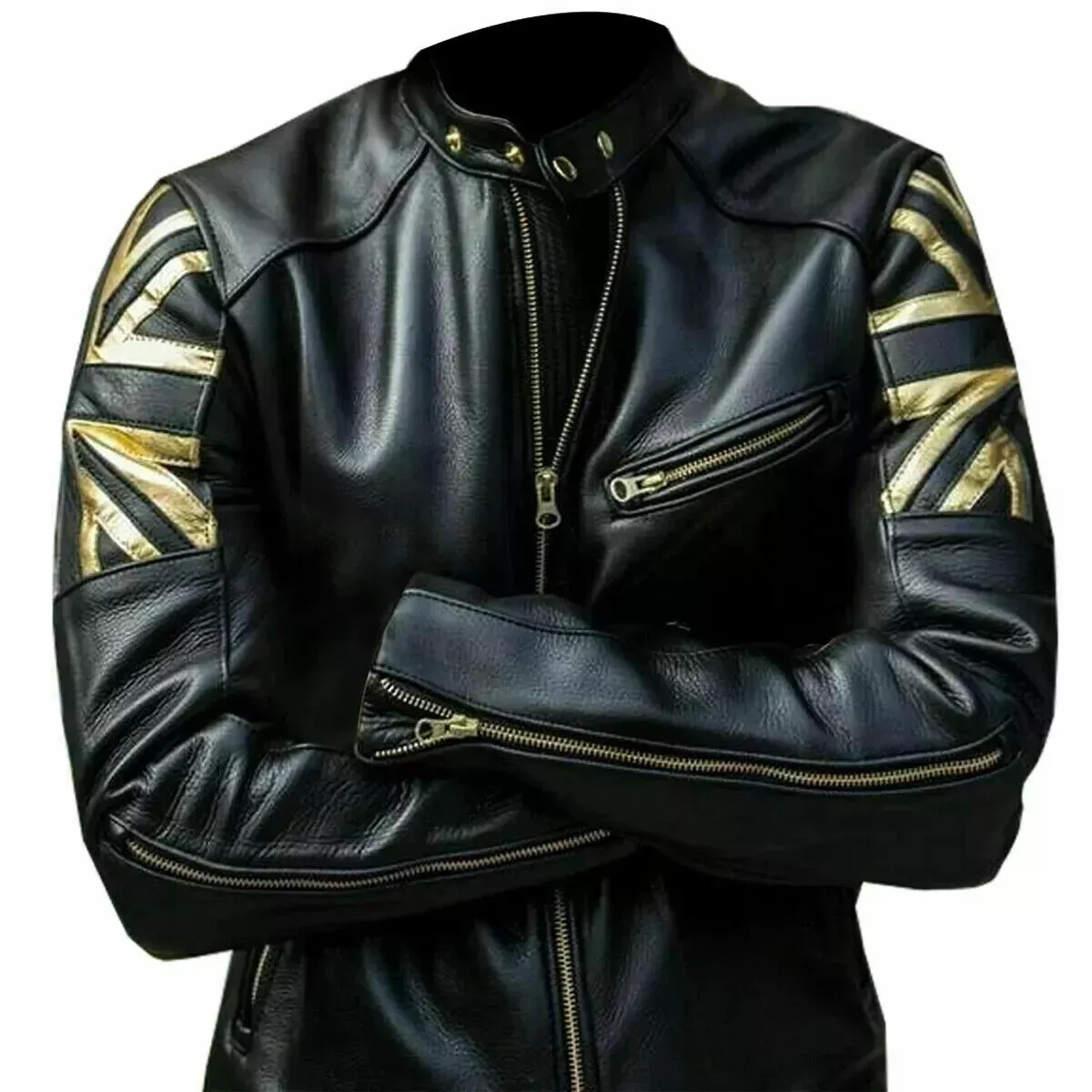 MEN'S BLACK BIKER VINTAGE MOTORCYCLE CAFE RACER GOLD UK FLAG REAL LEATHER JACKET