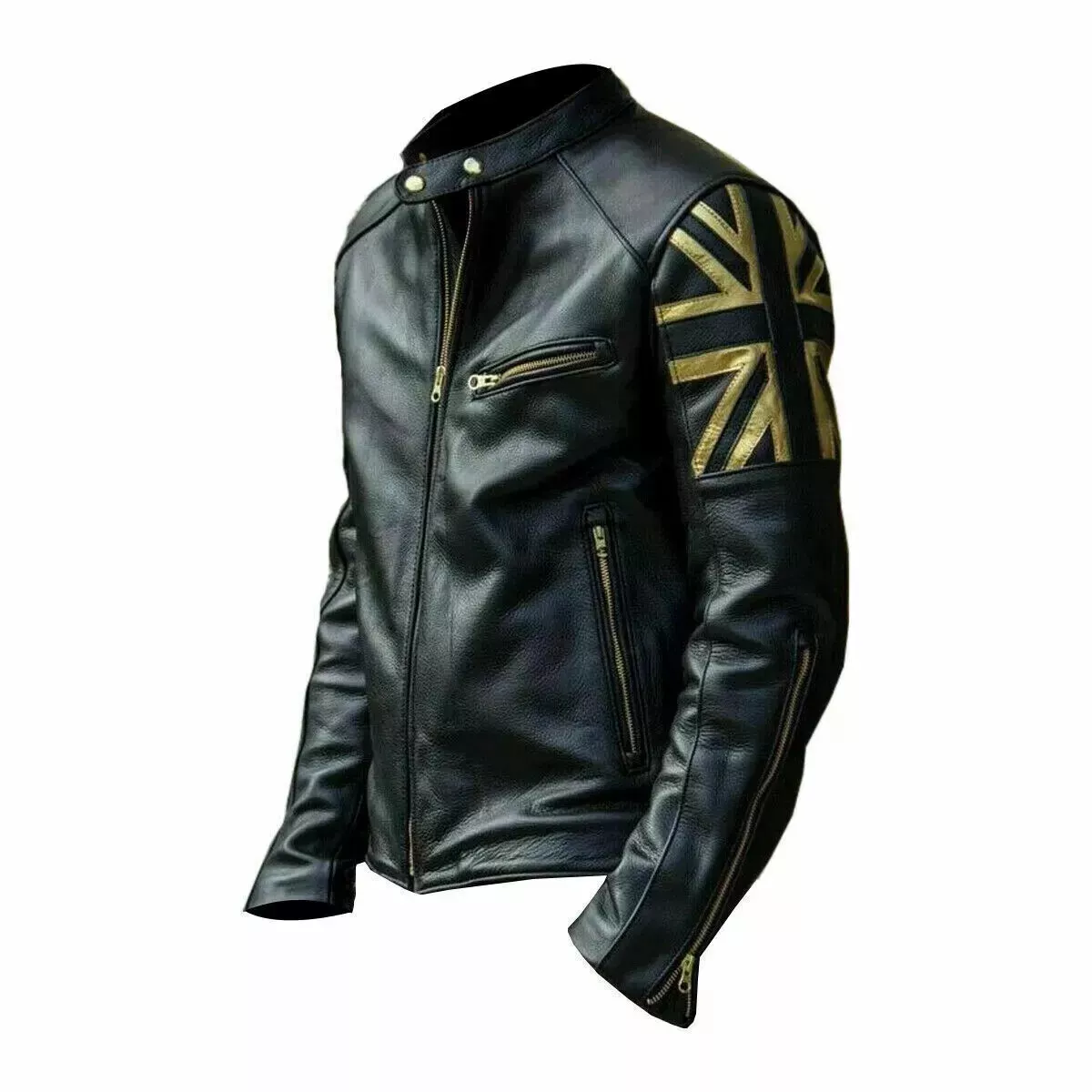 MEN'S BLACK BIKER VINTAGE MOTORCYCLE CAFE RACER GOLD UK FLAG REAL LEATHER JACKET - Image 3