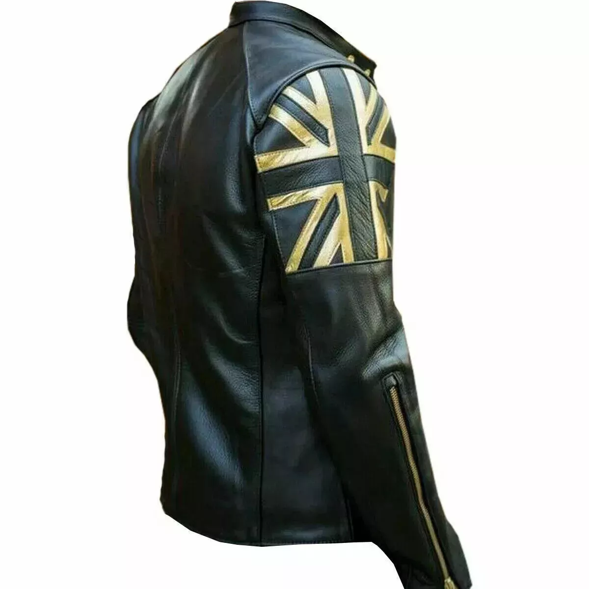 MEN'S BLACK BIKER VINTAGE MOTORCYCLE CAFE RACER GOLD UK FLAG REAL LEATHER JACKET - Image 2