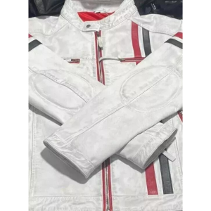 Men's Cafe Racer Vintage White Biker Jacket with Red and Black Stripes - Real Leather