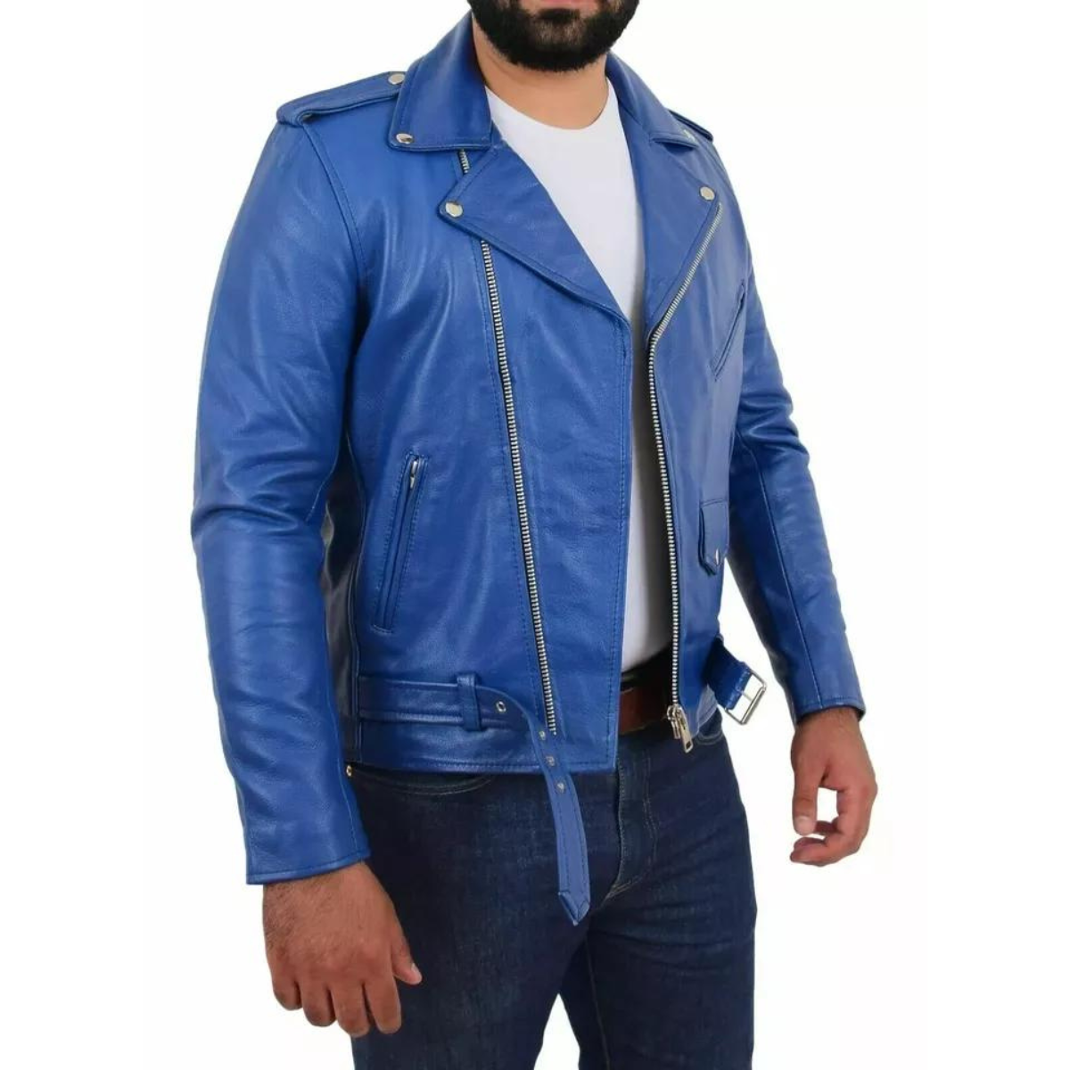 Men's Stylish real Leather Jacket Motorcycle Biker Slim Fit Blue Belted Coat - Image 4