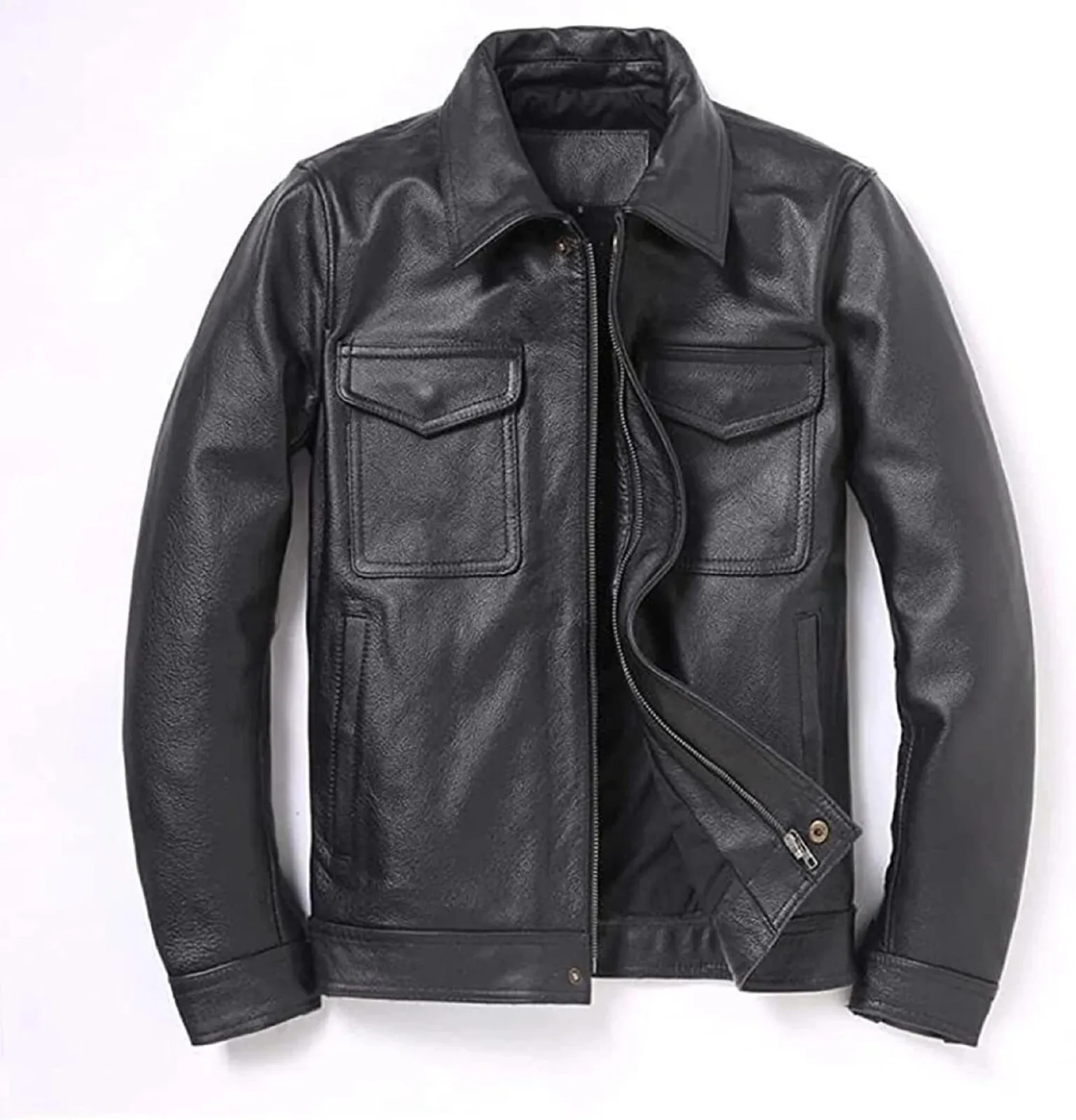 Men's Biker Flap Pocket Vintage Style Motorcycle Black Cow Hide Leather Jacket - Image 3