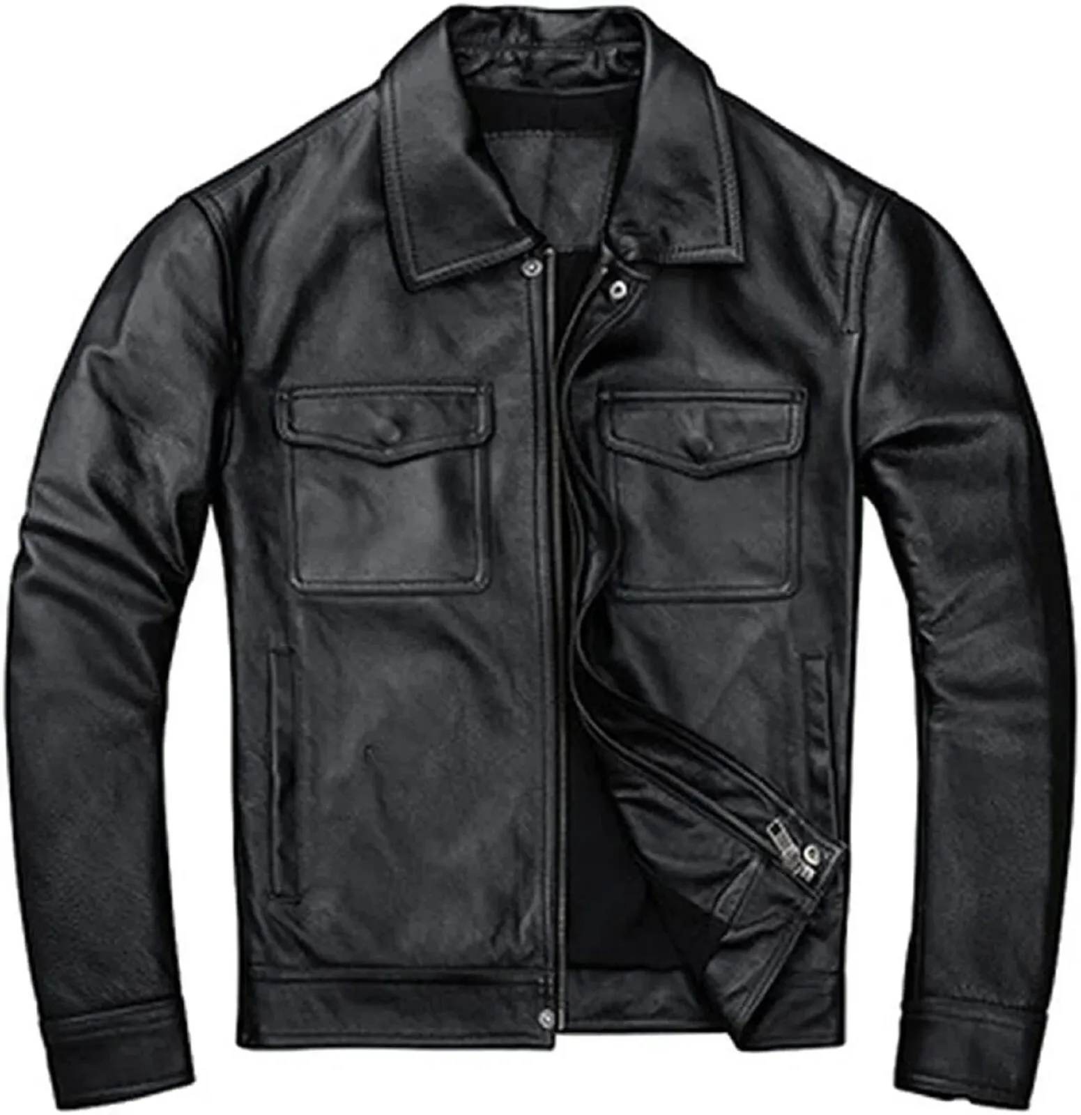Men's Biker Flap Pocket Vintage Style Motorcycle Black Cow Hide Leather Jacket