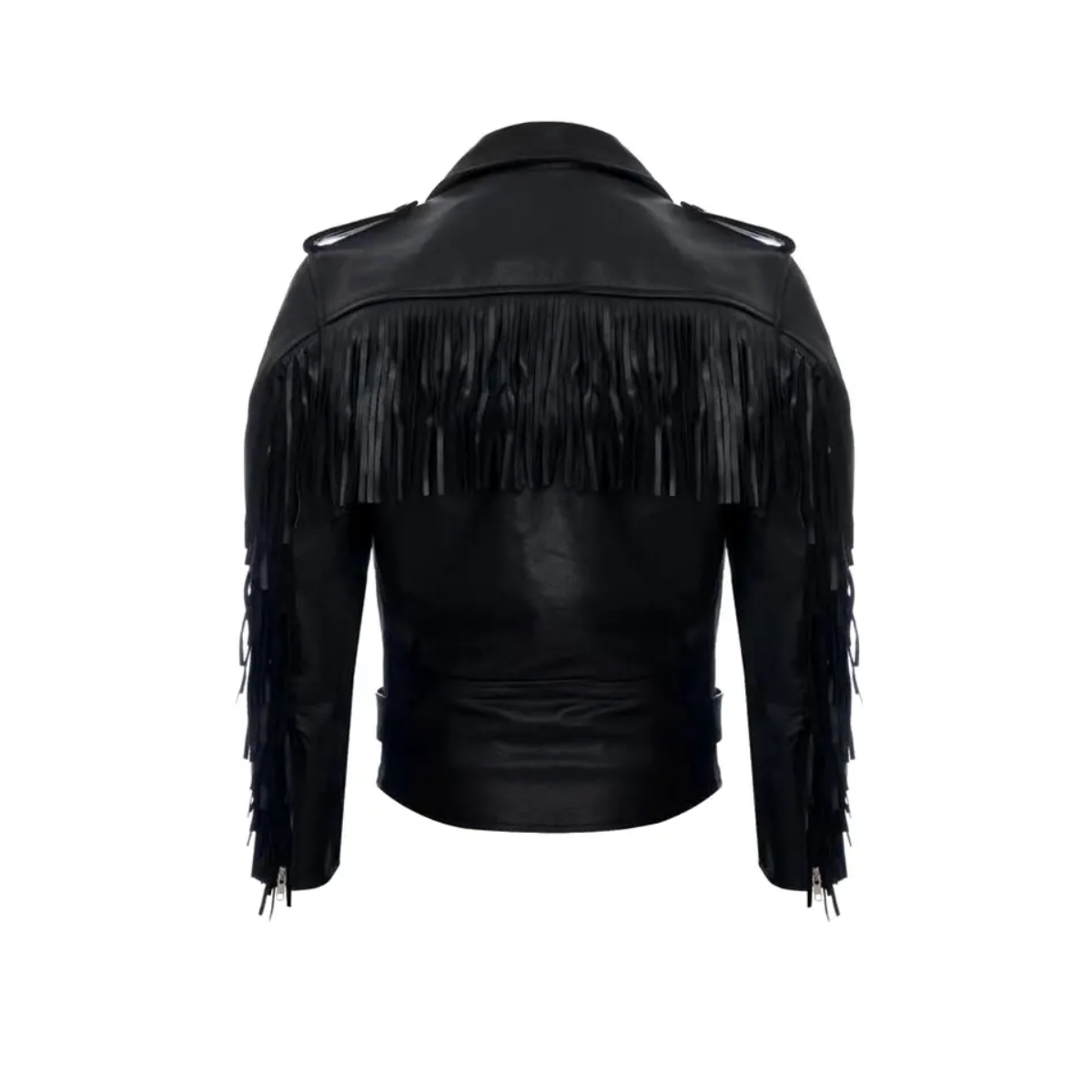 Men's Black real Biker Jacket With Leather Fringes Belt Tasseled Brando Coat - Image 5