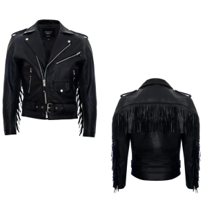Men's Black real Biker Jacket With Leather Fringes Belt Tasseled Brando Coat