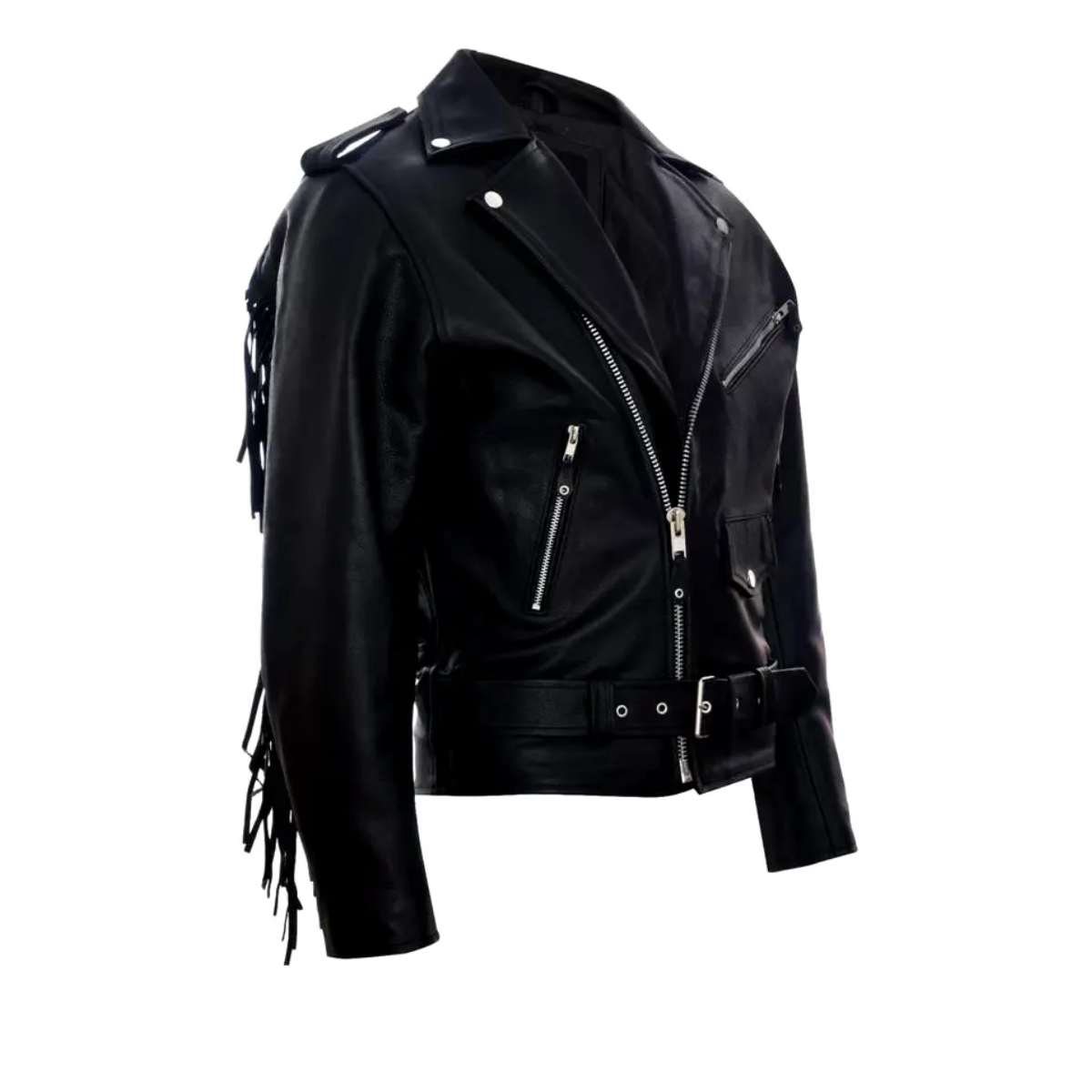 Men's Black real Biker Jacket With Leather Fringes Belt Tasseled Brando Coat - Image 3