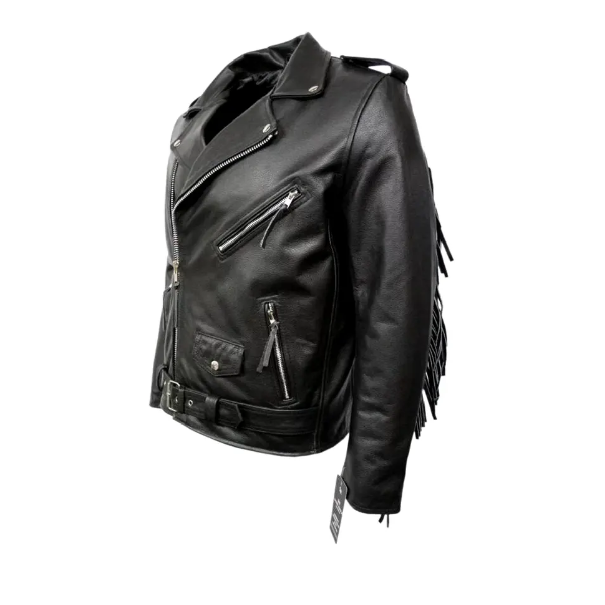 Men's Black real Biker Jacket With Leather Fringes Belt Tasseled Brando Coat - Image 4