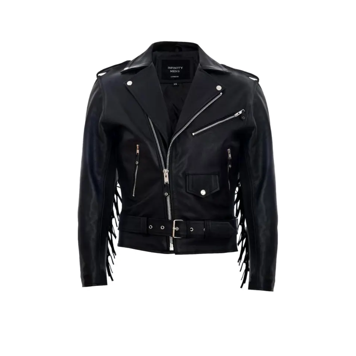 Men's Black real Biker Jacket With Leather Fringes Belt Tasseled Brando Coat - Image 2