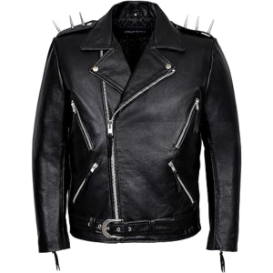 Men's Black METAL SPIKES Brando Jacket Motorcycle Cowhide Real Leather Jacket