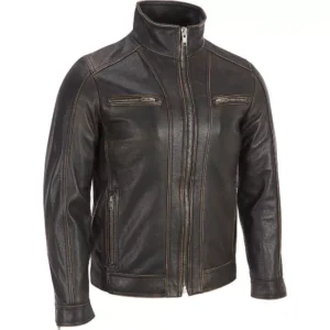 Men's Black Rivet Faded Seam Jacket Genuine Leather Jacket