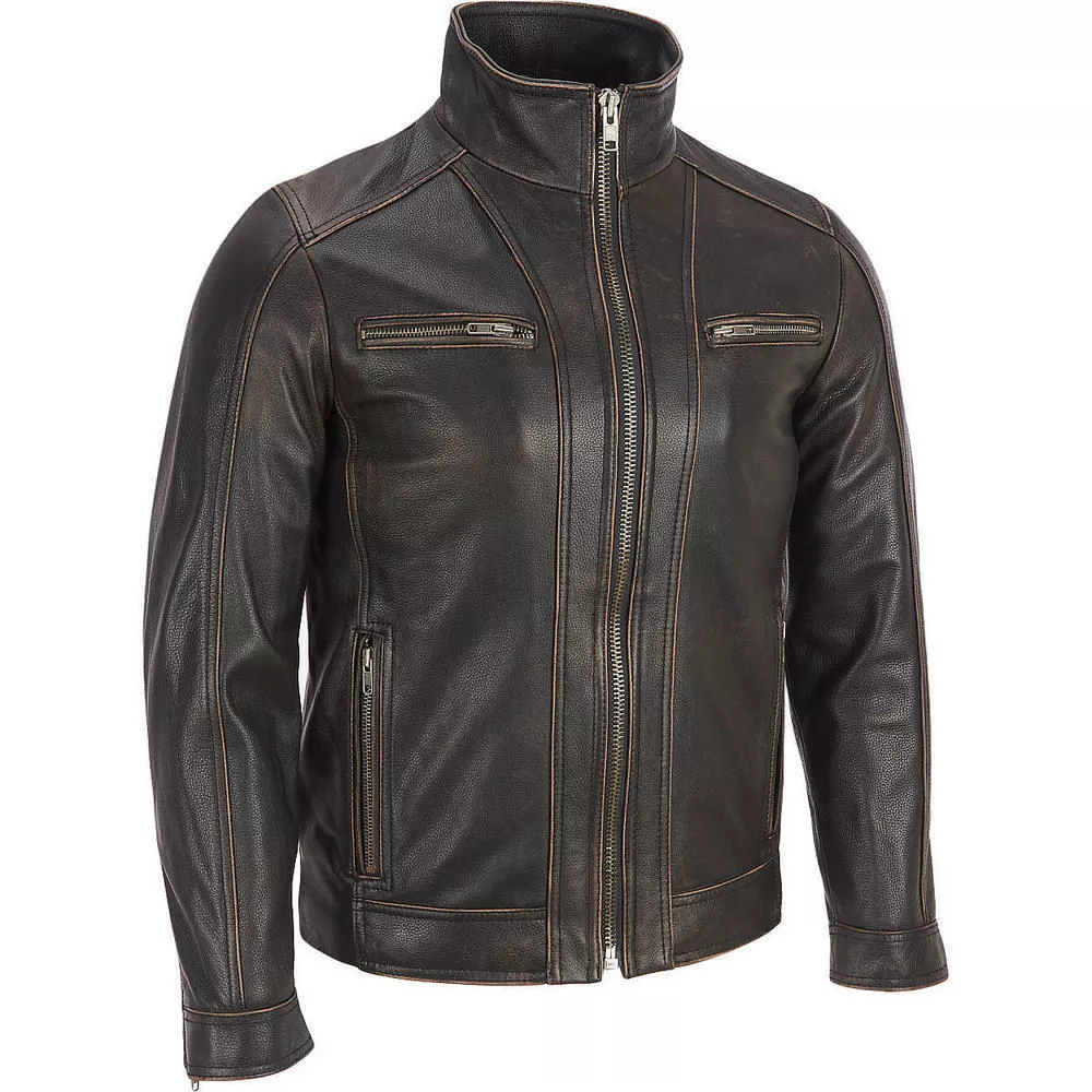 Men's Black Rivet Faded Seam Jacket Genuine Leather Jacket