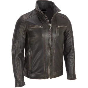 Men's Black Rivet Faded Seam Jacket Genuine Leather Jacket