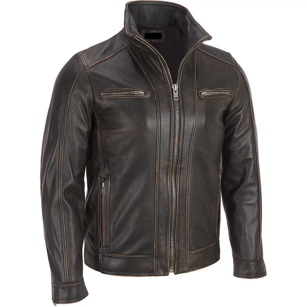 Men's Black Rivet Faded Seam Jacket Genuine Leather Jacket - Image 2