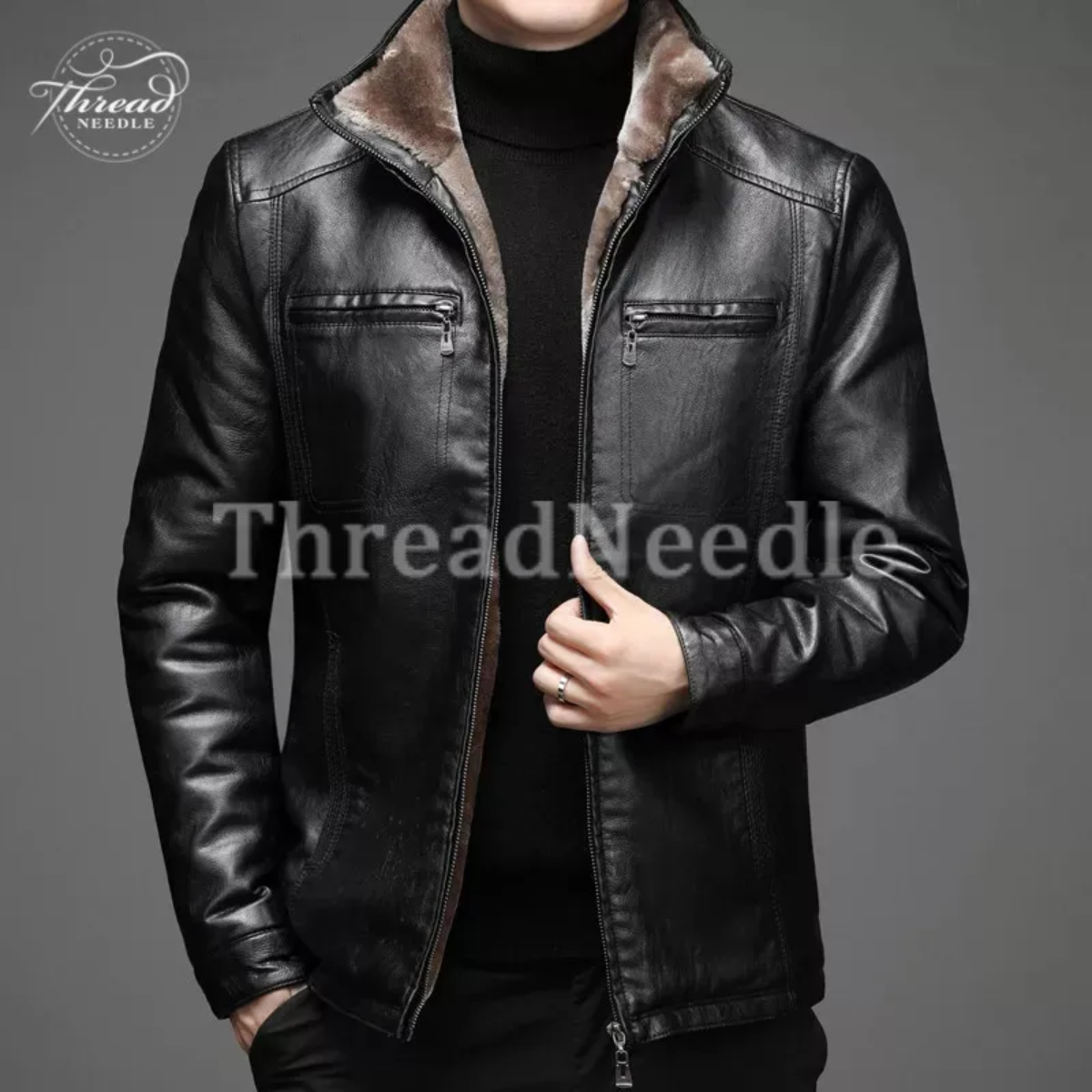 Men's Black Shearling Style Slim Fit Motorcycle Leather Jacket