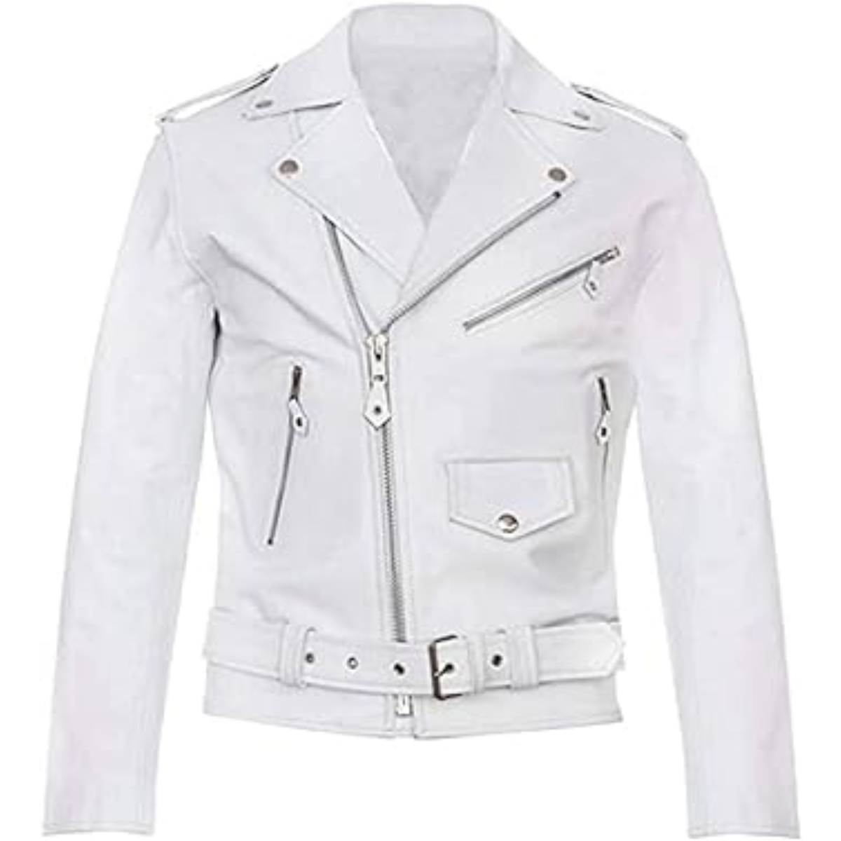 Men's Brando White Leather Jacket - Biker Motorcycle Brando Style Leather Jacket for Men