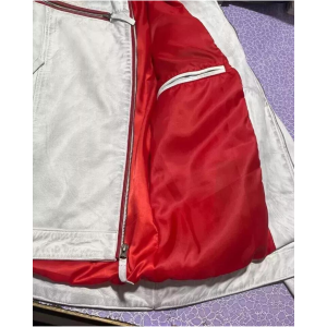 Men's Cafe Racer Vintage White Biker Jacket with Red and Black Stripes - Real Leather