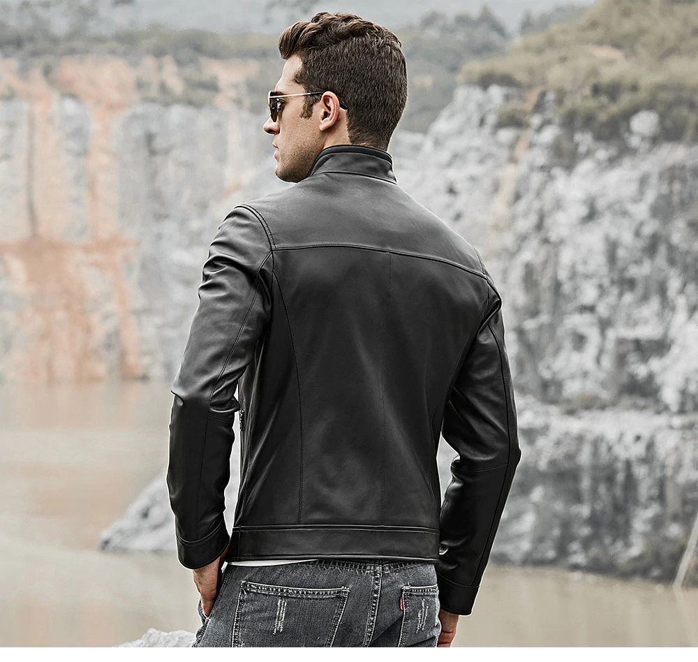 Men's Genuine real Leather Motorcycle Jacket with Zipper Closure, Black - Image 3