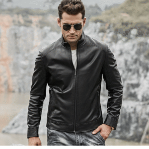 Men's Genuine real Leather Motorcycle Jacket with Zipper Closure, Black