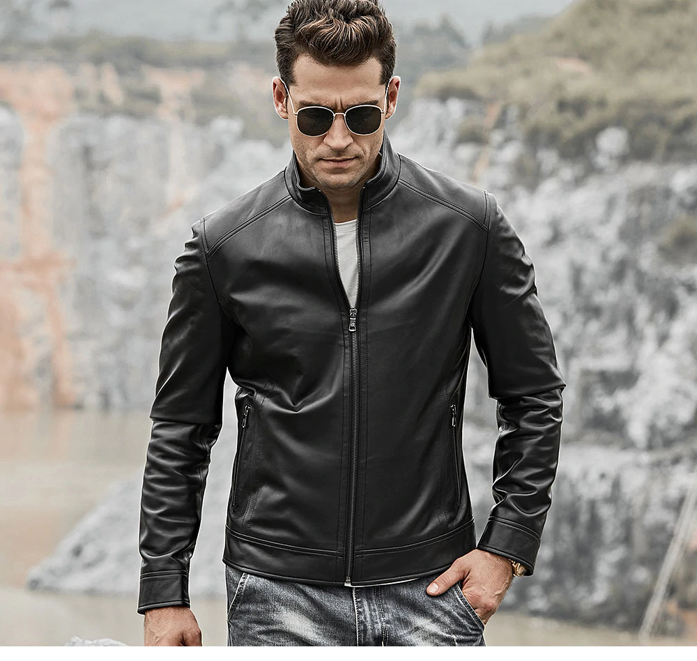 Men's Genuine real Leather Motorcycle Jacket with Zipper Closure, Black - Image 2