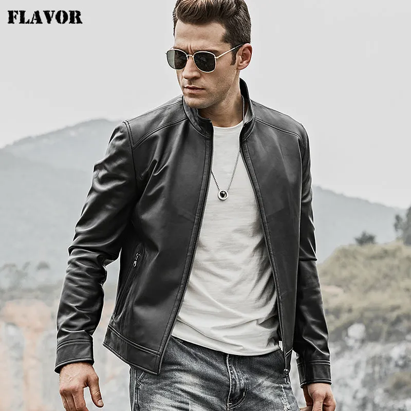 Men's Genuine real Leather Motorcycle Jacket with Zipper Closure, Black