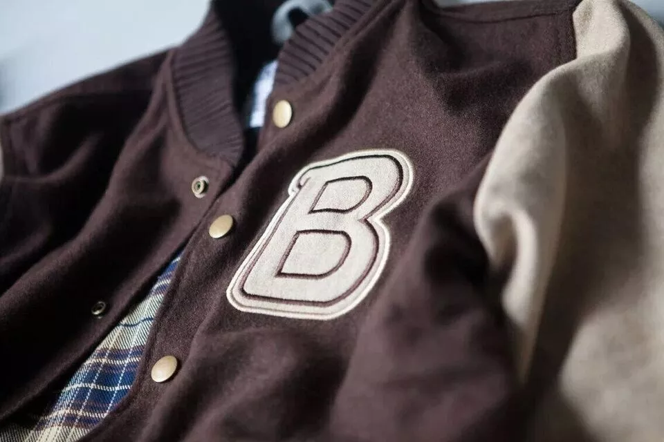 Men's Hotline Miami B Logo Bomber Varsity Letterman Brown Wool Baseball Jacket - Image 4