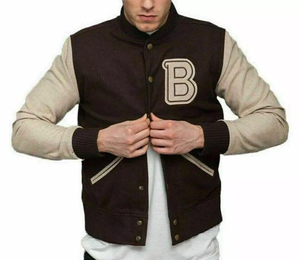 Men's Hotline Miami B Logo Bomber Varsity Letterman Brown Wool Baseball Jacket - Image 2
