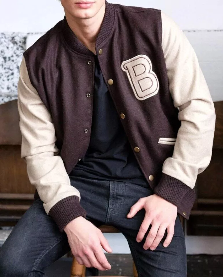 Men's Hotline Miami B Logo Bomber Varsity Letterman Brown Wool Baseball Jacket