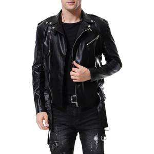 Men's Motorcycle Faux Leather Jacket Zip Slim Fit Double Belt Punk Biker Jacket - Description
