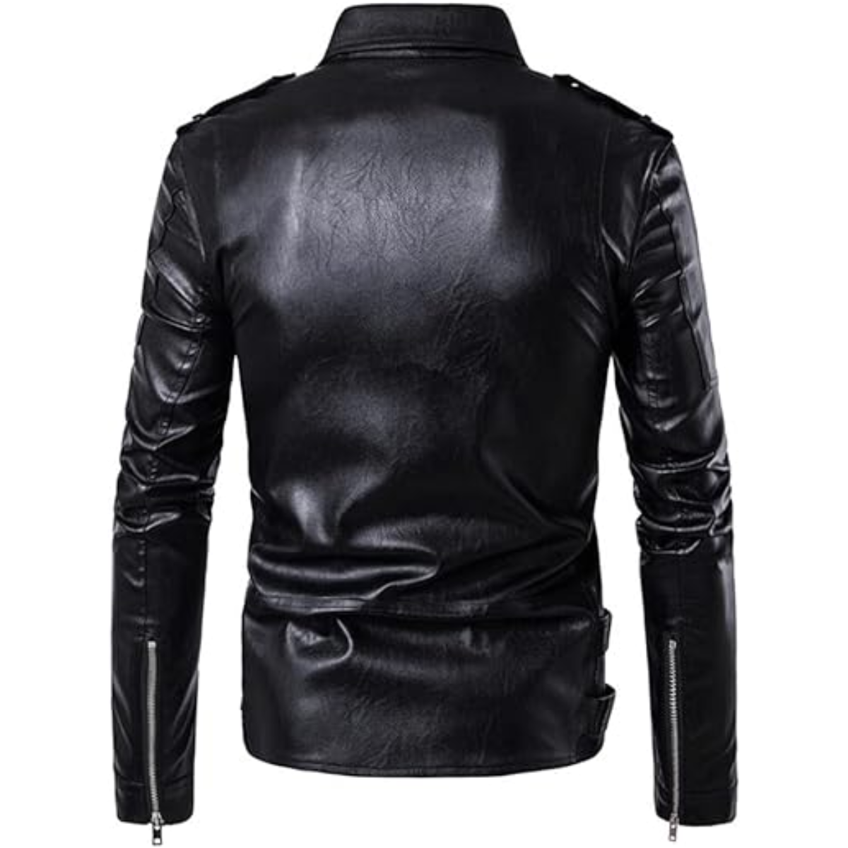 Men's Motorcycle Faux Leather Jacket Zip Slim Fit Double Belt Punk Biker Jacket - Description - Image 2