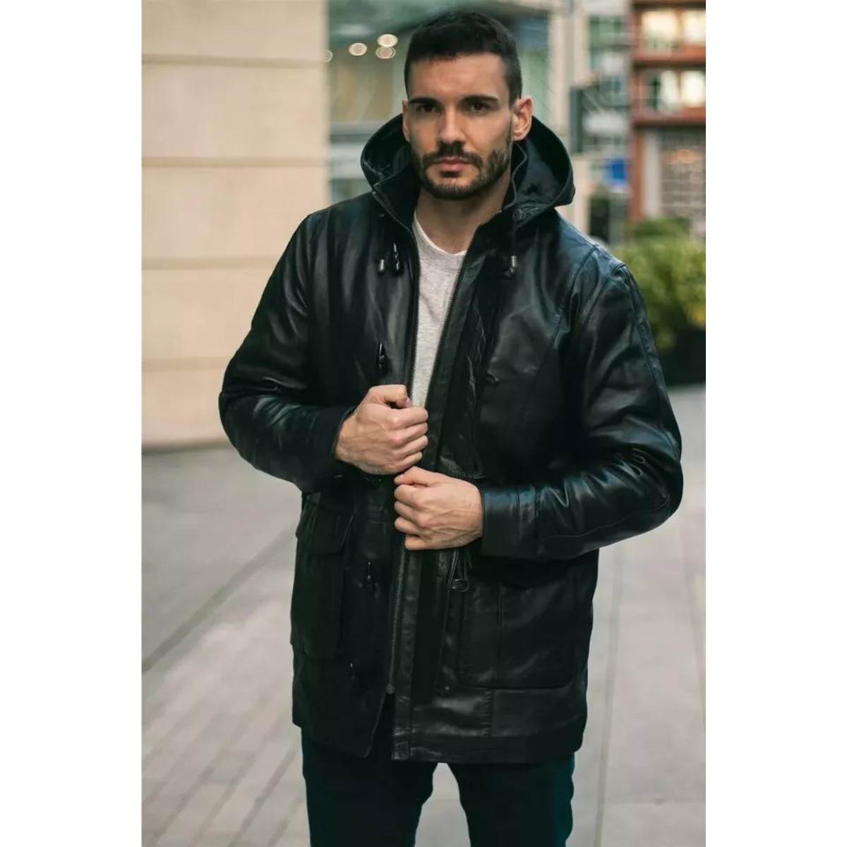 Mens 3/4 Long Real Leather Duffle Jacket Coat Safari Detachable Hood Classic - Image 5