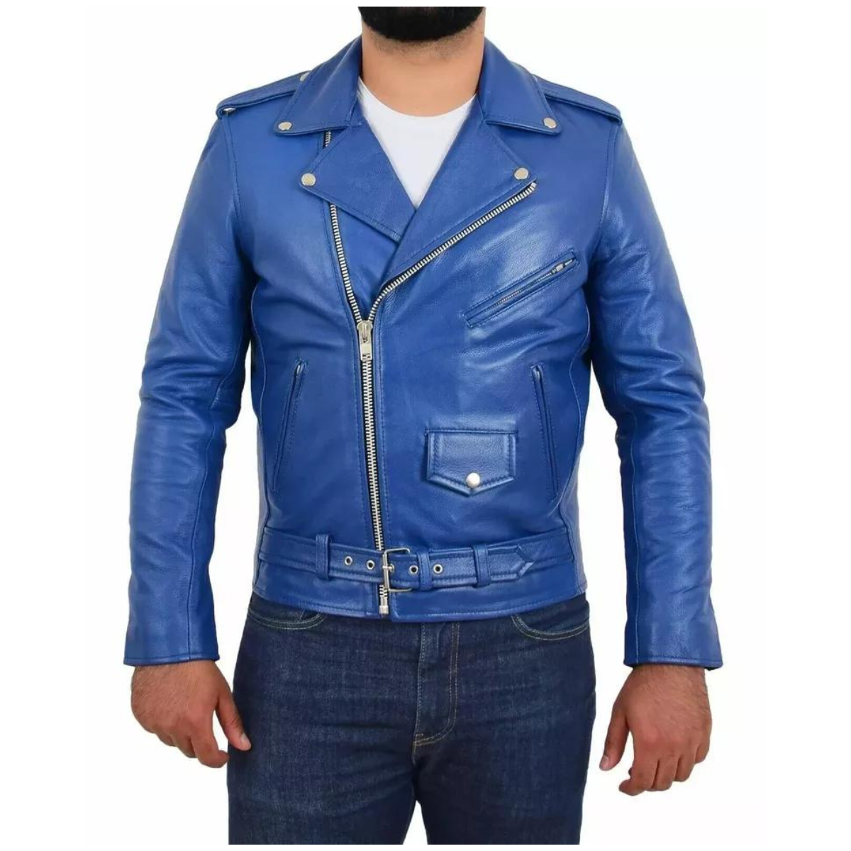 Men's Stylish real Leather Jacket Motorcycle Biker Slim Fit Blue Belted Coat - Image 2