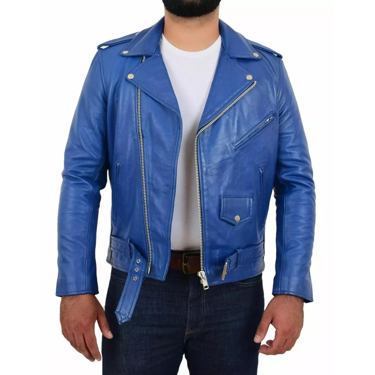 Men's Stylish real Leather Jacket Motorcycle Biker Slim Fit Blue Belted Coat